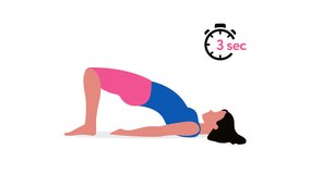 Woman performing a glute bridge exercise, commonly associated with Kegel or pelvic floor training. 5 sec countdown timer. Minimal, flat style. Ideal for fitness, workout. 4K. Alpha channel. - Powered by Shutterstock - Get 15% off with code: PIKWIZARD15