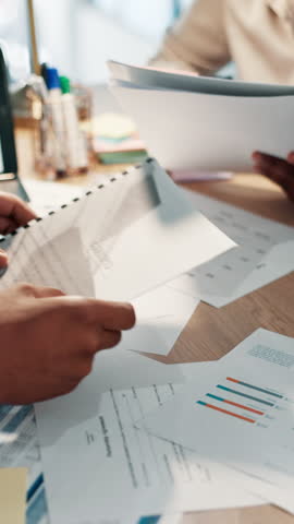 Hands, documents and business people in office, charts and stats with cooperation, review profit and teamwork. Closeup, meeting and employees with paperwork, report and info for investment and graphs