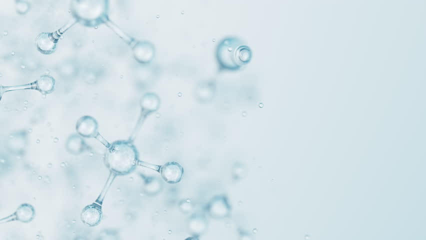 3d Abstract shiny glass molecule structures motion background. Cosmetic collagen serum, essence oil, vitamin, hyaluronic acid for skin care. Healthcare concept loop animation