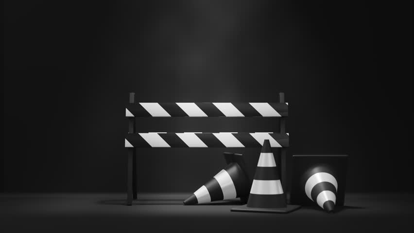 White black Traffic cones and barrier under flashing light on black background. Safety warning, under construction or coming soon symbol. 3d render loop