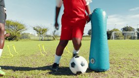 Agility, dribble or soccer with child and coach on field for ball control, exercise inflatable or training. Fitness, kid or practice with football player on sports pitch for drill, skill or technique - Powered by Shutterstock - Get 15% off with code: PIKWIZARD15