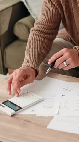 Hands, senior man and calculator with documents for budget, payment statement and debt. Elderly person, paperwork and mortgage expenses, savings balance and finance invoice of retirement fund at home