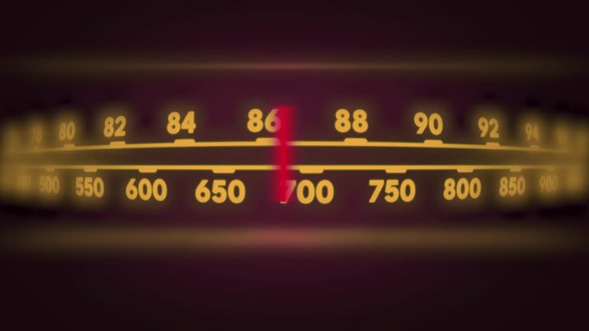 Retro Radio Dial Frequency Display Scaler or Amplifier Animation on black background. Analog Vintage Style indicator needle pointing to a specific frequency. marked with FM numbers