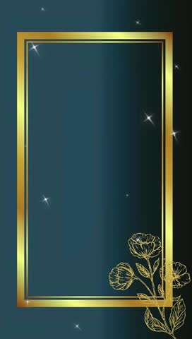 Minimalist golden frame animation with elegant floral accents and sparkles on dark teal background, ideal for invitations or luxury designs.