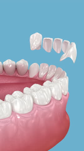 Dental veneer placement over frontal teeth. 3D Animation