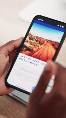 Person, hands and browsing website with phone screen for holiday getaway, vacation or trip. Closeup, customer or user scrolling with mobile smartphone display for online booking, coupon or travel app