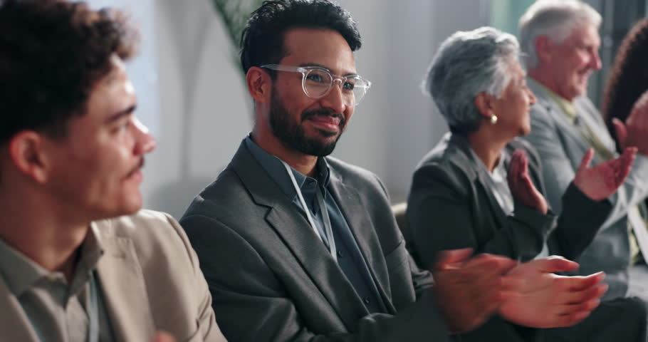 Well done, group and applause for seminar, success and happy for public speaking, crowd and meeting. Business, audience and clapping for celebration in workshop, people and congratulations for event