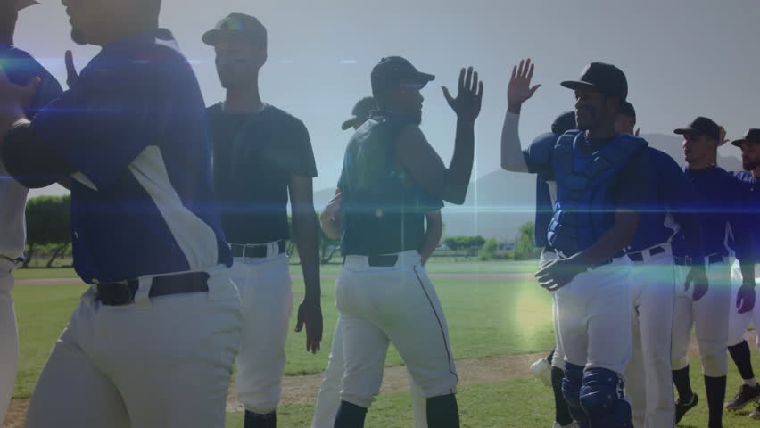 Baseball team walking postgame sharing high-fives transparent overlay growing linking teammates. Athletics, teamwork, victory, digital, connection, sporty, camaraderie
