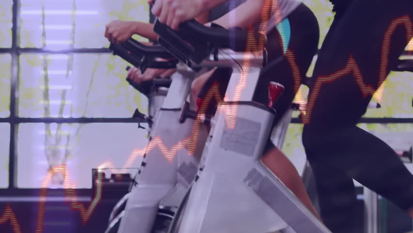 Gym classmates starting workout gripping handlebars with rate graphs pulsing on stationary bikes. Fitness, camaraderie, vitality, motivation, urban, energetic, modern - Powered by Shutterstock - Get 15% off with code: PIKWIZARD15