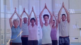 Yoga participants on mats inhaling and lifting arms overhead for health and financial data tracking. Wellness, mindfulness, harmony, serenity, group, urban, practice - Powered by Shutterstock - Get 15% off with code: PIKWIZARD15
