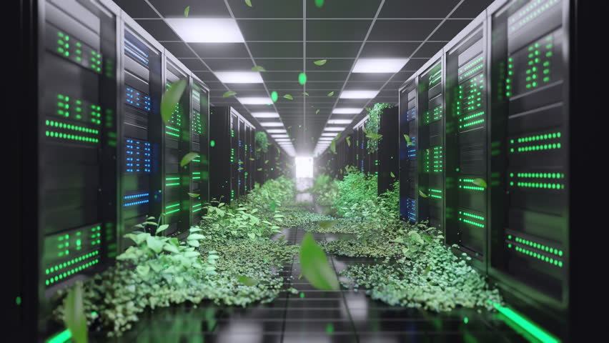 Animated view inside a sustainable AI data center with lush green plants growing among server racks, symbolizing eco-friendly technology and environmental preservation.