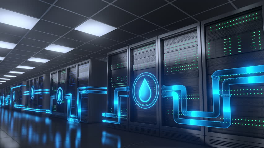 Visual representation of a modern data center utilizing a liquid cooling system for energy efficiency and environmental sustainability. Pipes and water drops illustrate the cooling process.