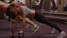 Fitness duo planking with kettlebells performing alternating rows as performance graph pulsing. Strength, training, motivation, aesthetic, healthy, teamwork, dynamic - Powered by Shutterstock - Get 15% off with code: PIKWIZARD15