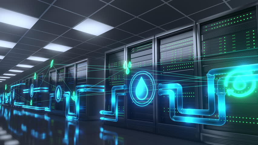 Modern data center featuring liquid cooling with water recycling for enhanced energy efficiency and sustainable environmental conservation, optimizing server performance.