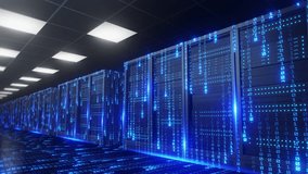 Abstract concept of artificial intelligence, big data, and network in digital server room with binary code data stream flowing over racks and floor. - Powered by Shutterstock - Get 15% off with code: PIKWIZARD15