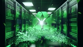 A futuristic data center corridor integrating natural elements and a prominent recycling symbol, visualizing sustainable cooling and green technology for eco-friendly computing and environmental  - Powered by Shutterstock - Get 15% off with code: PIKWIZARD15