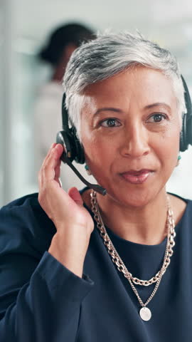 Advice, talking and call center with business woman for customer support, help desk or virtual financial advisor. Contact us, investment banker and account consultant with mature person in office