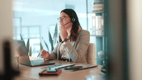 Call center, agent and woman with headset, talking and communication with contact and telemarketing. Business, representative or person with laptop for consultation, chat or lead generation with tech - Powered by Shutterstock - Get 15% off with code: PIKWIZARD15