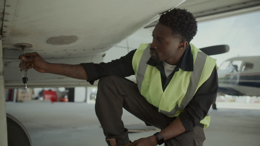 Black male ground technician collecting fuel sample from aircraft underside for quality inspection, examining vial and walking away in aviation hangar