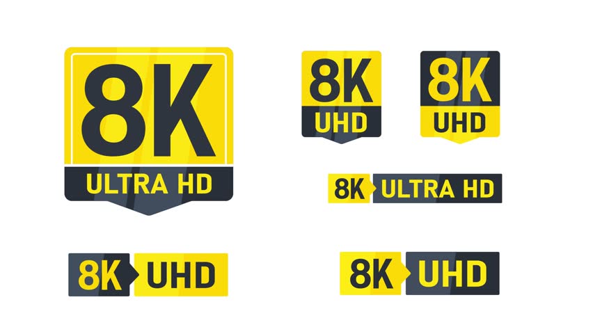 Ultra HD 8K Video Resolution Logos on White and Green Screen