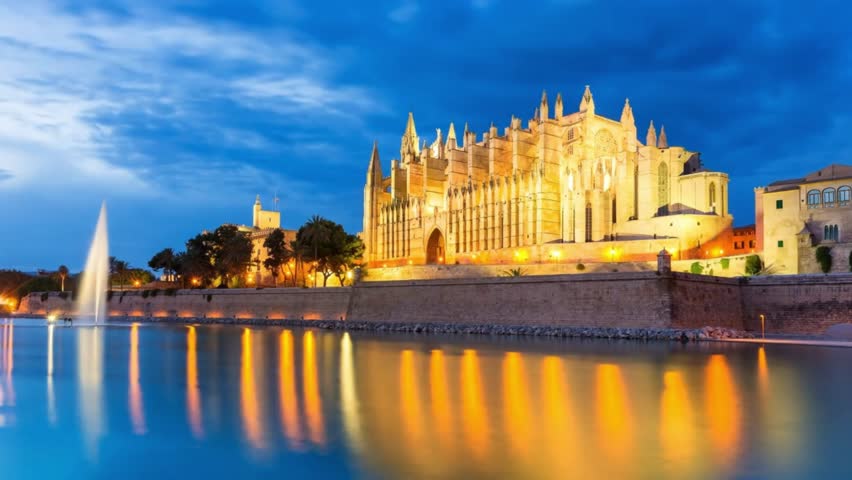 The Cathedral of Santa Maria of Palm, Palma de Mallorca, Mallorca, Balearic Islands, Spain. Aerial view of the Historic Cathedral in Majorca at sunrise. 
