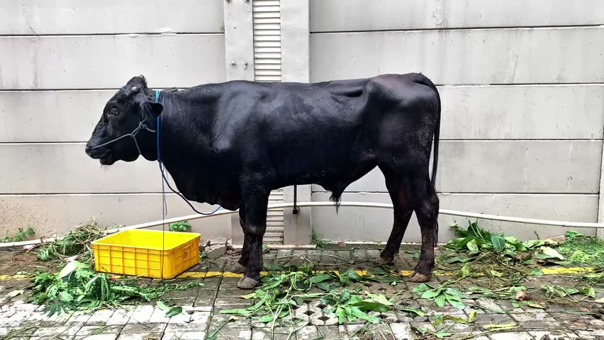 A black cow prepared for Eid al-Adha sacrifice, tied near feed and water. Symbol of Islamic tradition, livestock care, and religious celebration during the holy festival.