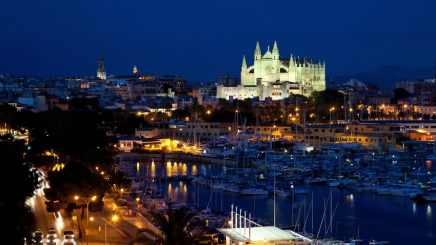 The Cathedral of Santa Maria of Palm, Palma de Mallorca, Mallorca, Balearic Islands, Spain. Aerial view of the Historic Cathedral in Majorca at sunrise. 