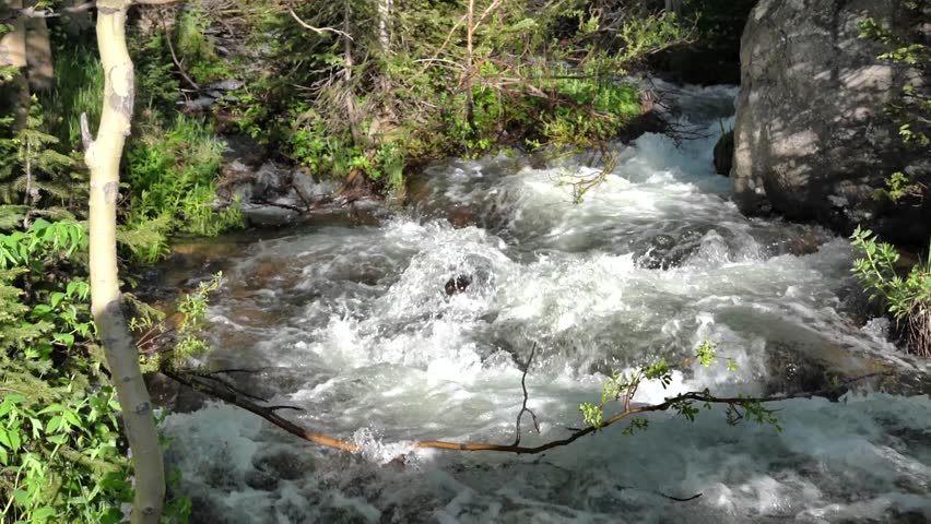Slow Motion Torrent of water rushing down a mountain stream during late spring thaw