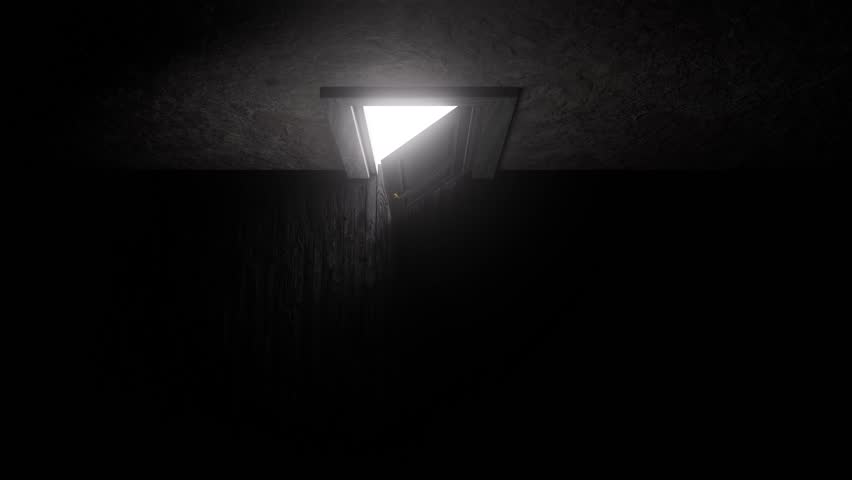 Luminous ray gradually revealing hidden passage through ceiling portal, transforming shadowy enclosure with dramatic intensity between confinement and potential freedom