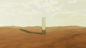 Gleaming sunlight reflecting off rectangular metal monolith standing isolated amid rippling desert dunes, casting mysterious silhouette against cloudy sky landscape - Powered by Shutterstock - Get 15% off with code: PIKWIZARD15