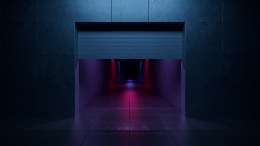 Metal garage door is lifting, unveiling a dark corridor illuminated by vibrant neon lights, creating a mysterious and futuristic atmosphere