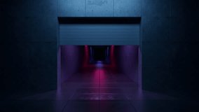 Metal garage door is lifting, unveiling a dark corridor illuminated by vibrant neon lights, creating a mysterious and futuristic atmosphere - Powered by Shutterstock - Get 15% off with code: PIKWIZARD15