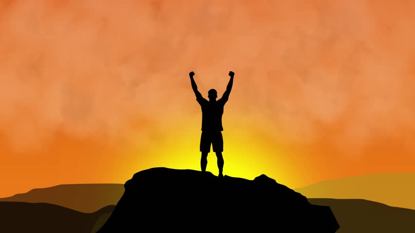 Silhouette of Person Celebrating on Mountain Peak and Flocks of Birds Fly,Man on mountain cliff raising arms at sunset, victorious silhouette, Person embracing success on hilltop