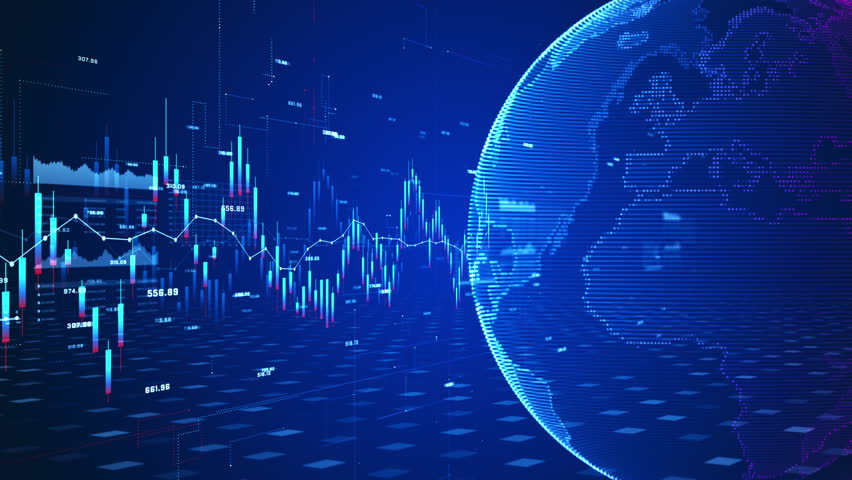 Futuristic financial stock market analysis with global data charts, digital graphs, and investment trends in a high-tech environment. Global Investment background
