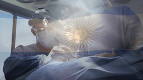 Surgeon cutting with scalpel, assistant suctioning, suturing under animated Argentine flag overlay. Medics, healthcare, precision, medical practice, clinical, teamwork, sterile - Powered by Shutterstock - Get 15% off with code: PIKWIZARD15