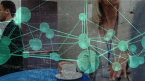 Network overlay drifting in, revealing conference break where two colleagues chatting over coffee. Technology, networking, collaboration, professional, communication, corporate, innovation - Powered by Shutterstock - Get 15% off with code: PIKWIZARD15