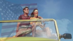 woman lifting smartphone taking travel selfie with partner in convertible under US flag overlay. Adventure, freedom, leisure, outdoors, lifestyle, vibrant, optimistic - Powered by Shutterstock - Get 15% off with code: PIKWIZARD15
