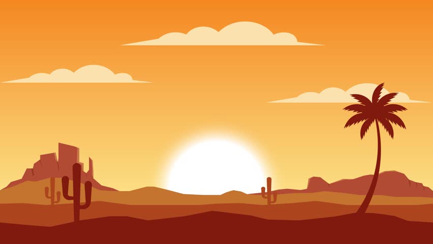 Moving animation of desert scenery with palm trees, cactus and sunset, 2d cartoon animation of desert