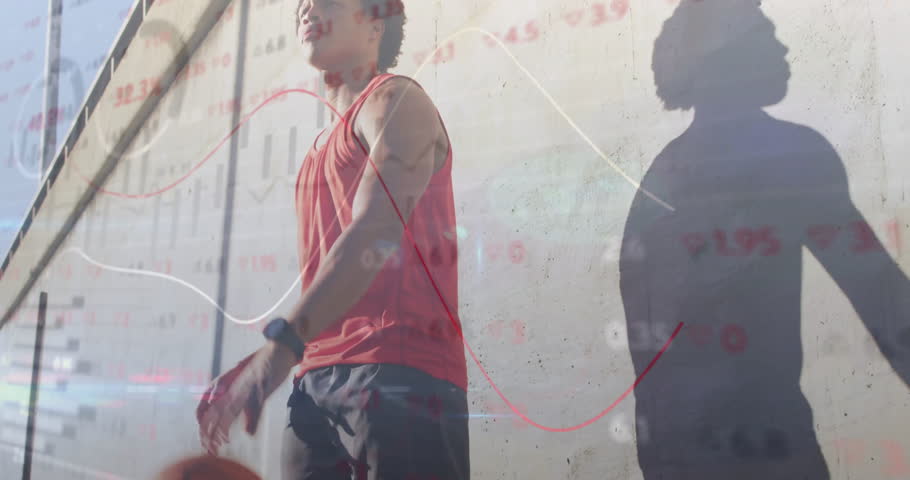 Basketball player holding ball and adjusting grip while scanning court with tech data overlay. Athlete, motion, urban, energetic, performance, modern, sportive