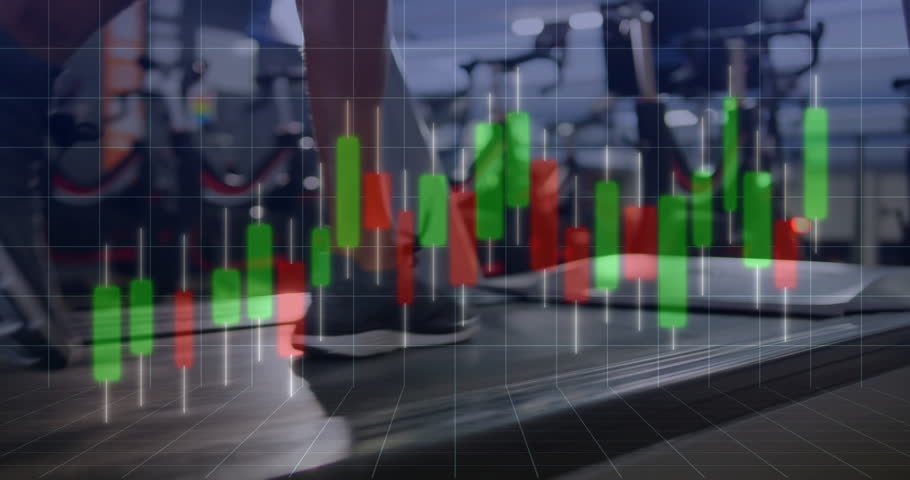 fitness user stepping onto treadmill belt activating candlestick overlay tracking market trends. Athletic, motion, technology, health, determination, vitality, modern