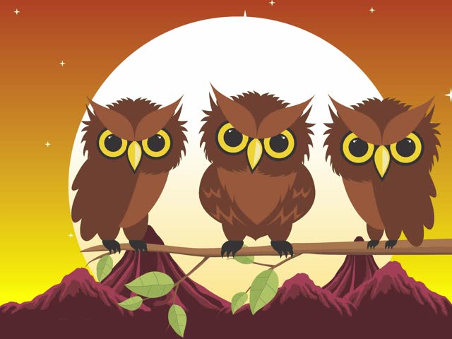 Animation of three owls perched on a branch in front of a full moon, creating a classic Halloween night scene.