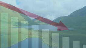 Bars fading from left initiating red arrow sweeping while trend line animating over valley lake. Data visualization, analytics, business, innovation, modern, growth, progress - Powered by Shutterstock - Get 15% off with code: PIKWIZARD15