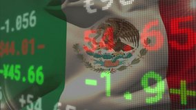 Opening Mexican flag activating financial figures, shifting data overlays and showing market trends. Patriotism, finance, data visualization, digital graphics, currency, economic, market analysis - Powered by Shutterstock - Get 15% off with code: PIKWIZARD15