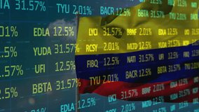 Opening showing Colombian flag fluttering while stock tickers cycling percentages for market view. Patriotism, finance, data visualization, digital analytics, outdoor, economy, technology - Powered by Shutterstock - Get 15% off with code: PIKWIZARD15