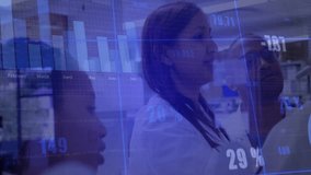 Lead researcher touching transparent display chart animating digits for tracking data trends. Analytics, innovation, collaboration, technology, science, laboratory, data visualization - Powered by Shutterstock - Get 15% off with code: PIKWIZARD15