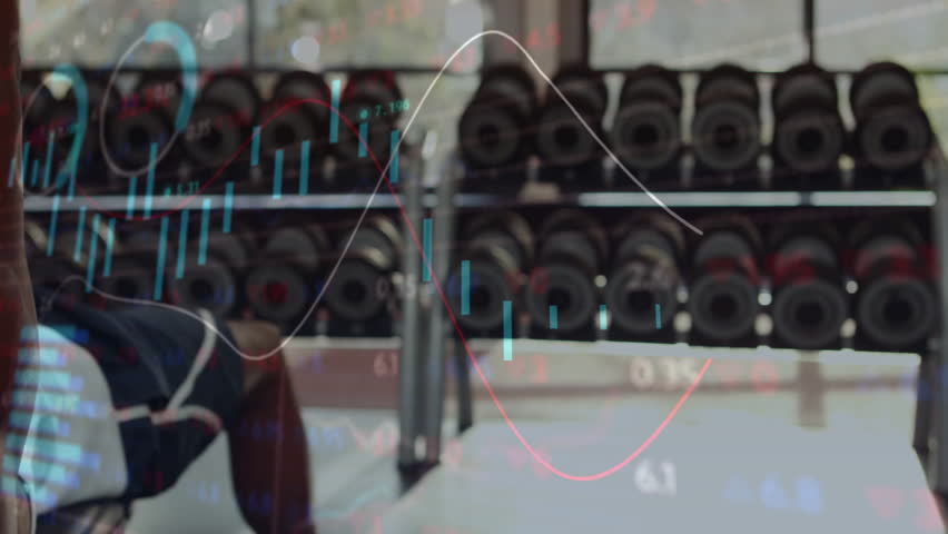 Gripping dumbbells, man performing chest press with charts rising, dipping, tracking health metrics. Fitness, strength, training, industrial, data, vitality, motivation