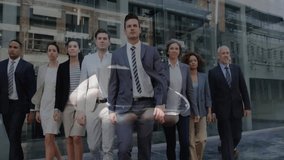 Business team walking at glass office, gesturing forming network around leader showing connectivity. Corporate, teamwork, connectivity, digital, abstract, professional, modern - Powered by Shutterstock - Get 15% off with code: PIKWIZARD15