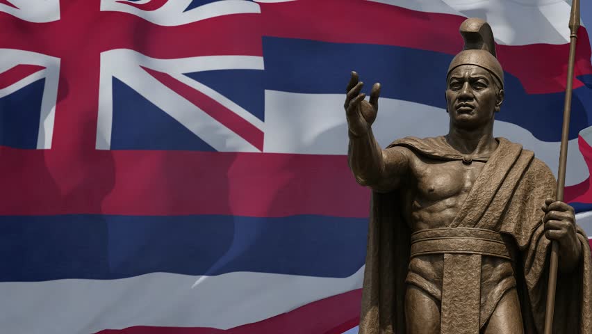 Kamehameha Statue And Hawaii flag waving Animation 3D Rendering