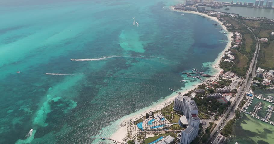 aerial view of the beautiful waters of Cancun, Mexico.