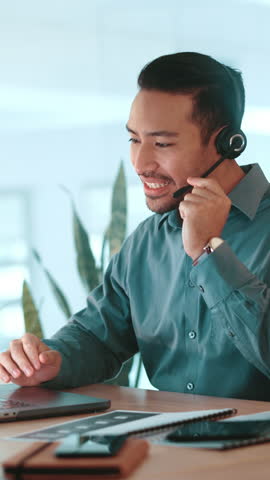 Financial advisor, Asian man and explain in call center for customer service, sales consulting or loan help. FAQ, business or finance questions with advice or headset for solution or banking limit